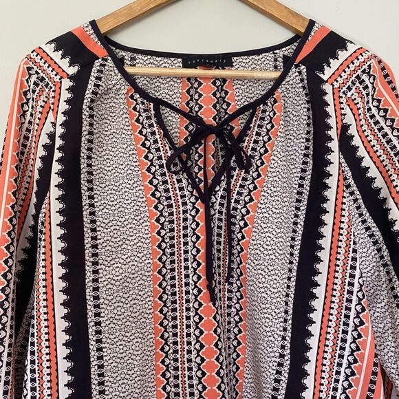 Sanctuary Small Boho Long Sleeve Coral & Navy Pattern Blouse - Picture 2 of 8